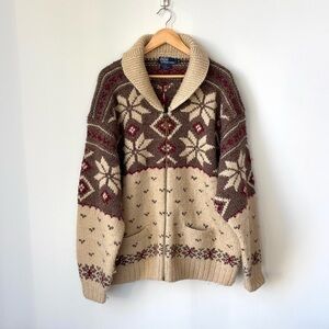 Vintage Polo Ralph Lauren Hand Knit Chunky Cowichan Cardigan Men’s XL Wool Silk